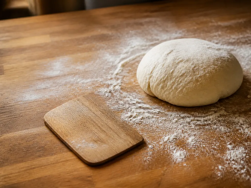 Manos trabajando una masa de pan sobre la mesa enharinada
