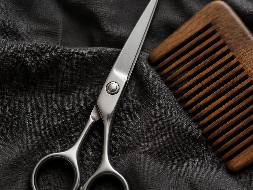 Ciseaux, peigne et tondeuse de barbier disposés sur une serviette propre