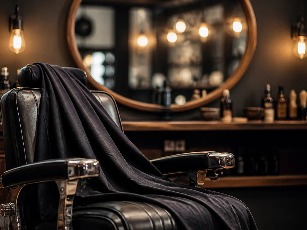 Fauteuil de barbier face à un miroir dans un espace soigné