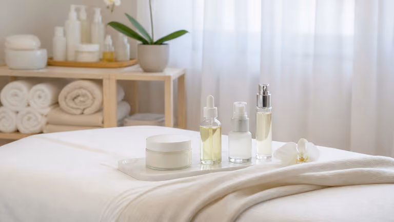 Studio beauté aux serviettes douces, lumière diffuse, sans visages ni ongles.