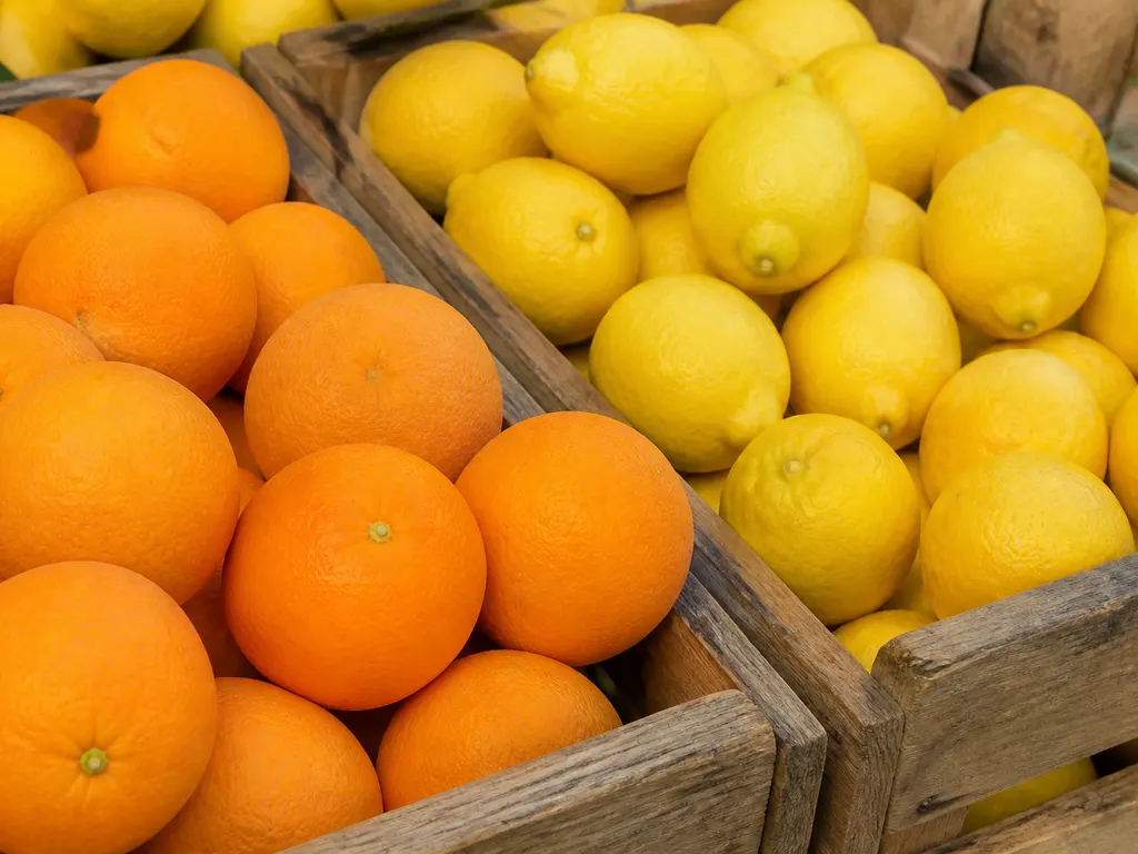 Cestas de cítricos frescos en el mercado