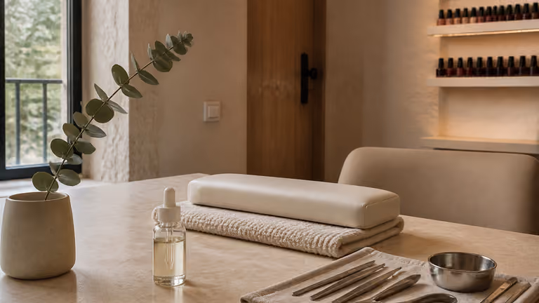 Mesa de manicura higiénica con toalla clara y luz suave, sin rostros ni marcas.
