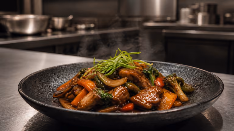 Plato servido junto a una cocina abierta, sin texto ni marca.