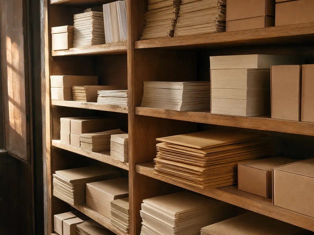 Estante de papelería con cuadernos y materiales bien ordenados