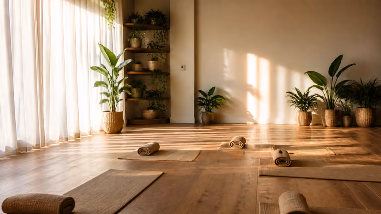 Heller, leerer Yoga-Raum mit Matten und Pflanzen.